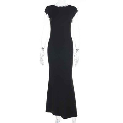 Backless Maxi Dress - Short Sleeve Round Neck A-Line