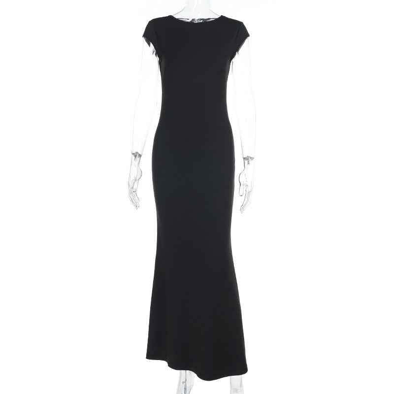 Backless Maxi Dress - Short Sleeve Round Neck A-Line