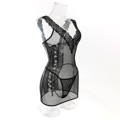 Black lace-trim mesh chemise with scalloped neckline and lace-up back crisscross