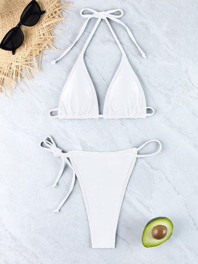 Triangle halter bikini set with white triangle top and matching white string bottoms