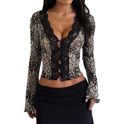 Black Lace Top - Deep V Long Sleeve Slim Fit - Fashions Envy