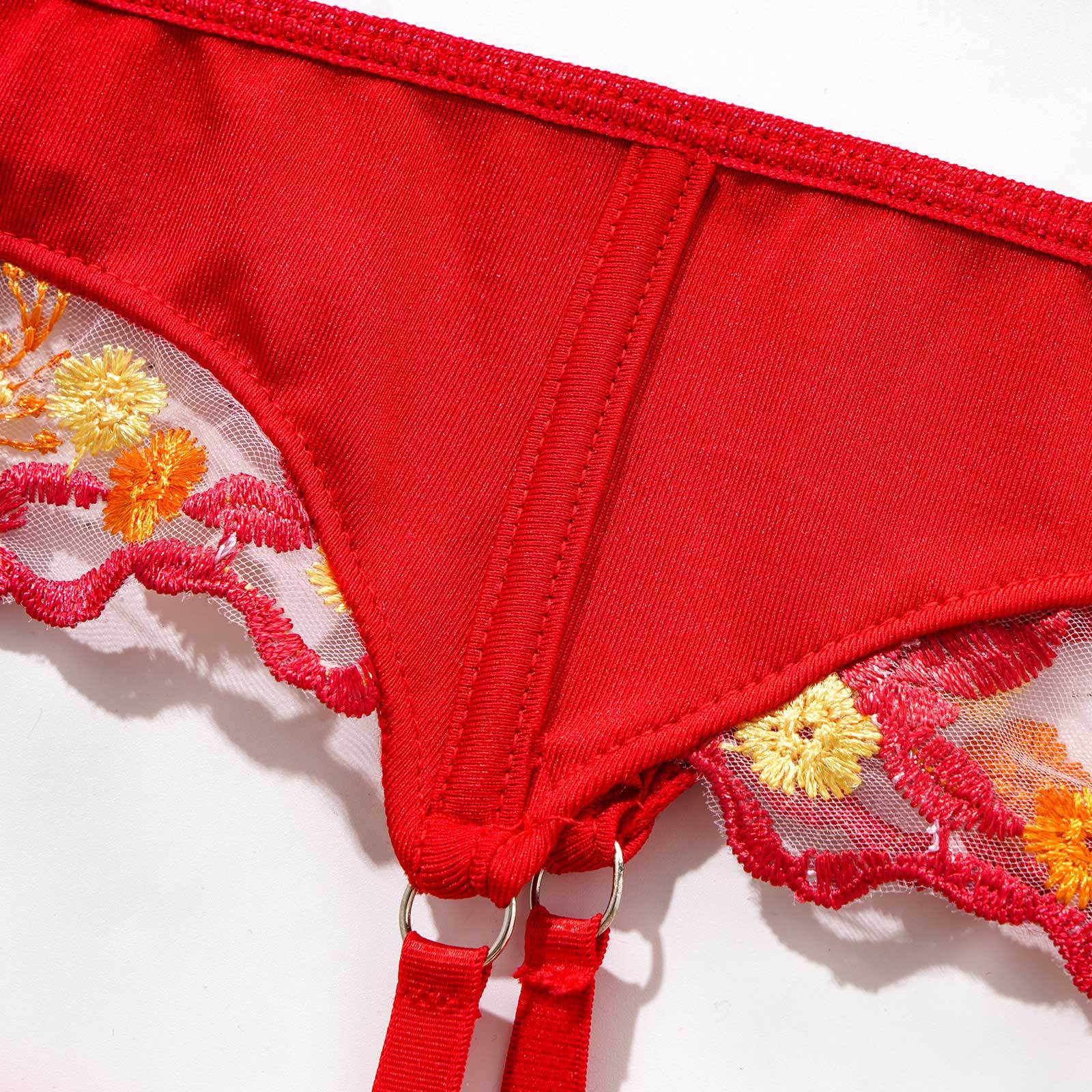 Red Embroidered Lingerie Set - Underwire Bra Garter Belt Thong