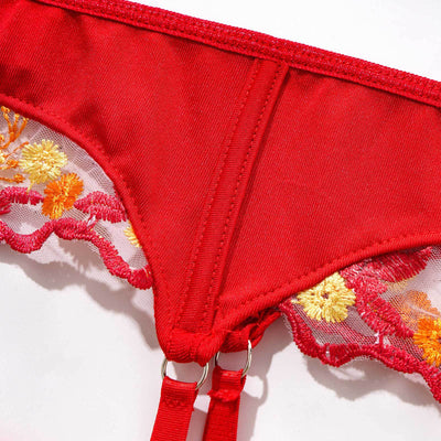 Red Embroidered Lingerie Set - Underwire Bra Garter Belt Thong