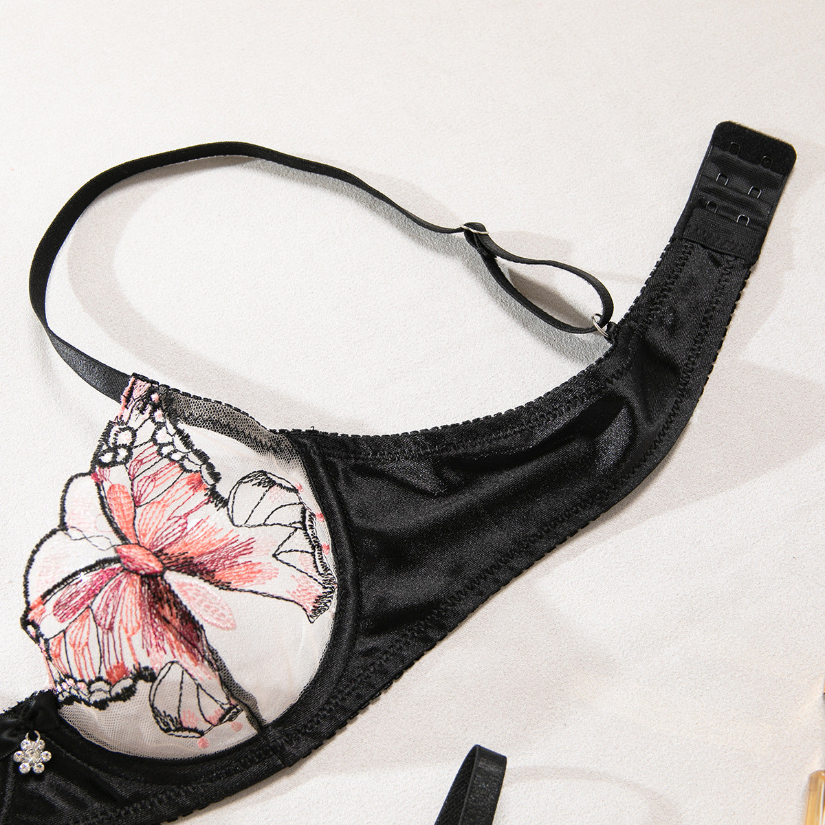 Black Butterfly Embroidery Mesh Bra and Thong Set