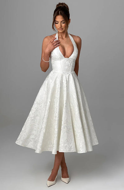 Jacquard Halter Midi Dress - Deep V Corset Waist A-Line Skirt