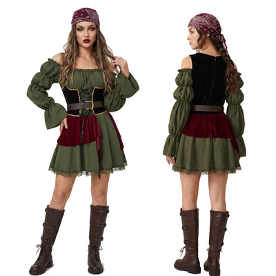 Pirate costume dress with headscarf, dark green off-shoulder puff sleeves, black corset belt