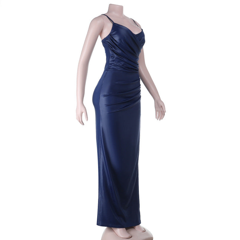 V-Neck Cinched Waist Maxi Dress - Sleeveless Hip Sculpting
