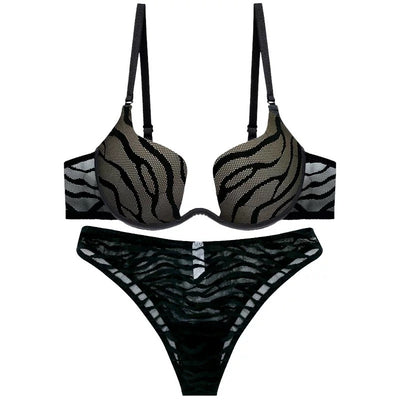 Black wavy mesh plunge bra and thong set with zebra-patterned texture