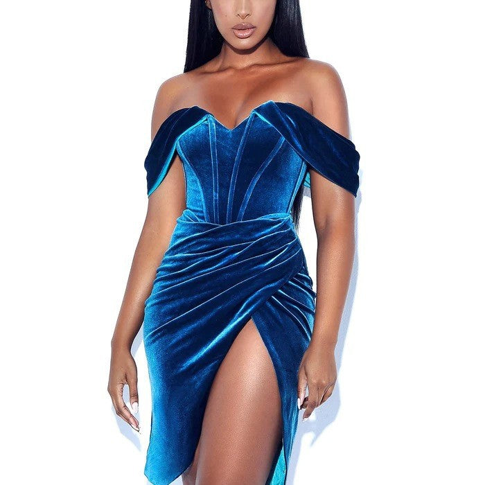 Velvet Evening Dress - Boned Strapless Slit Gown - Fashions Envy