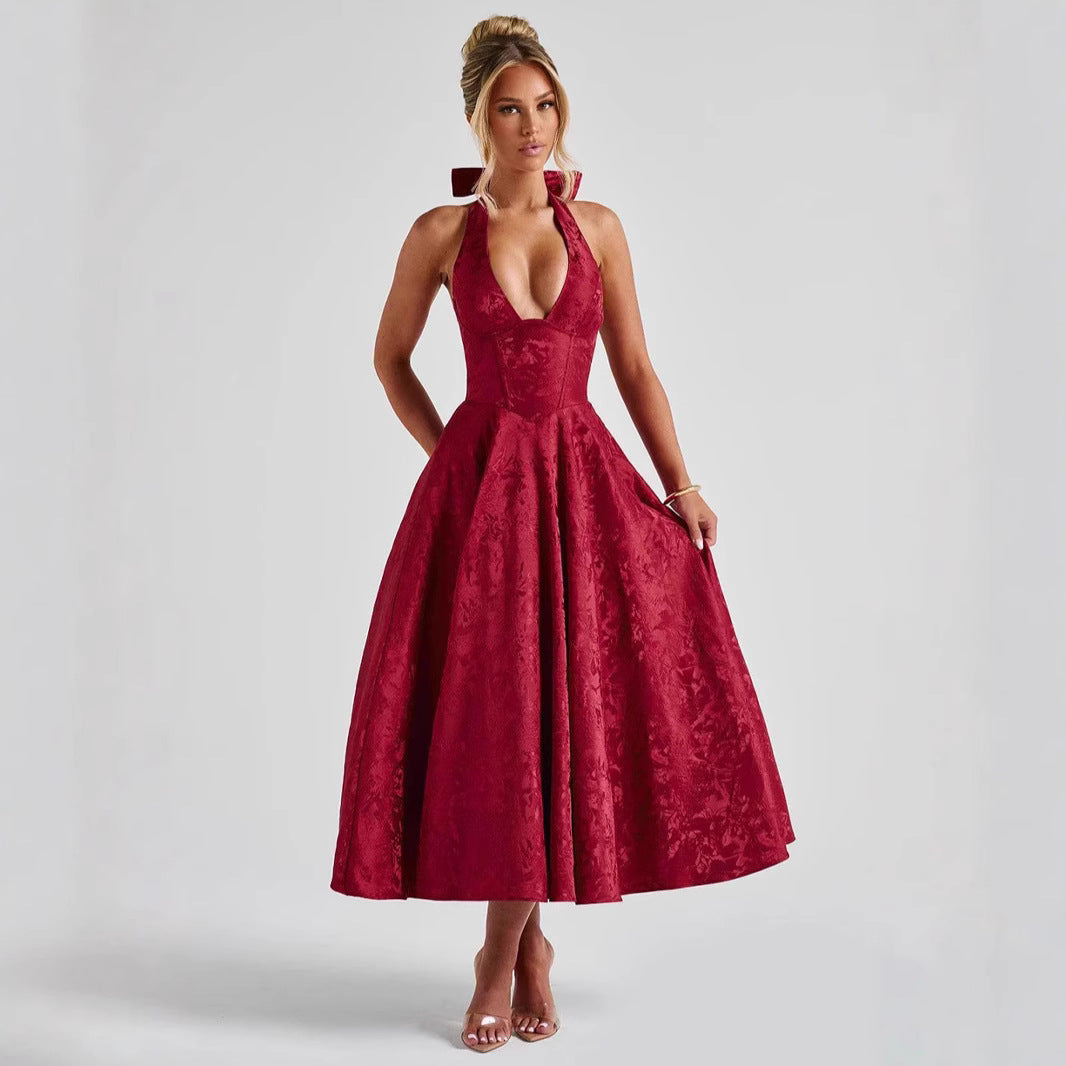 Jacquard Halter Midi Dress - Deep V Corset Waist A-Line Skirt