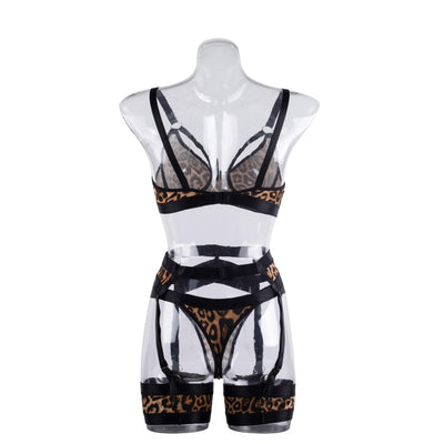 Printed Garter Lingerie Set - Strappy Bra And Thigh Bands