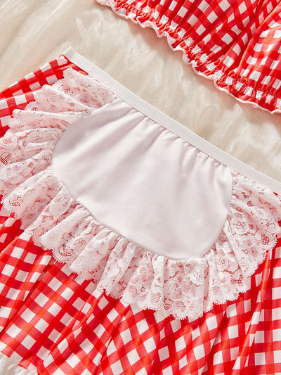 Red Gingham Maid Lingerie - Ruffled Crop Top And Skirt