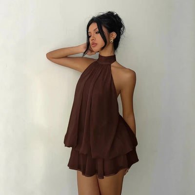 Backless Halter Neck Tiered Mini Dress - Chiffon Vacation Dress