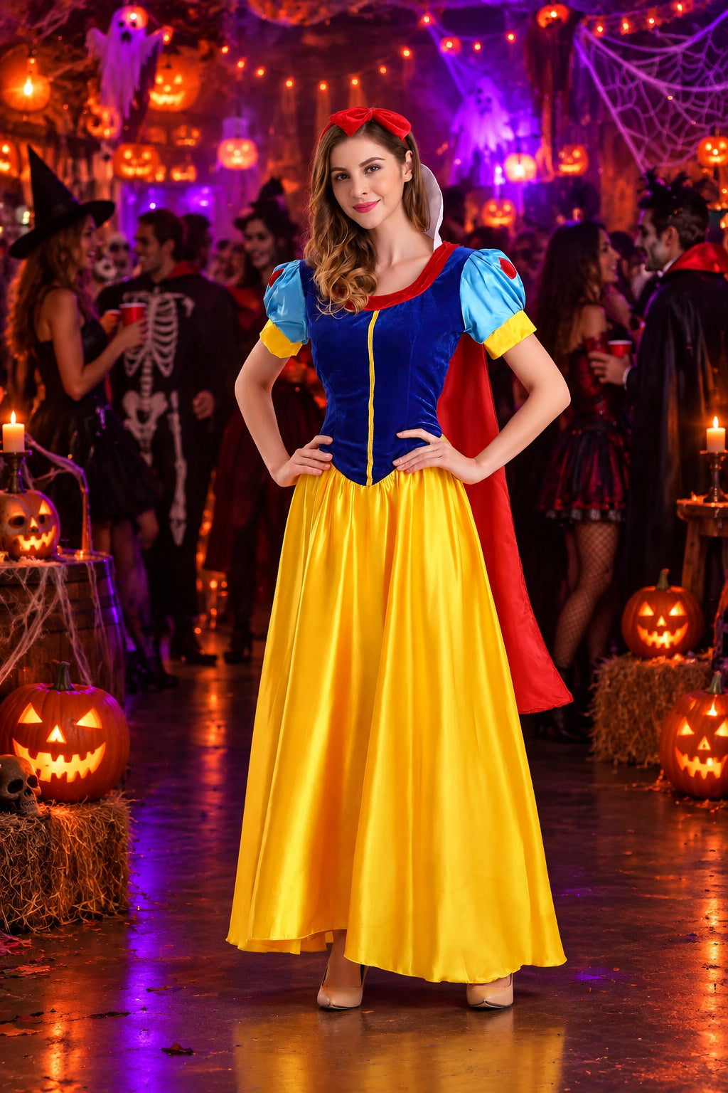 A woman modeling a Snow White costume dress with a blue bodice, yellow skirt, red cape, and red headband against a plain white studio background.
