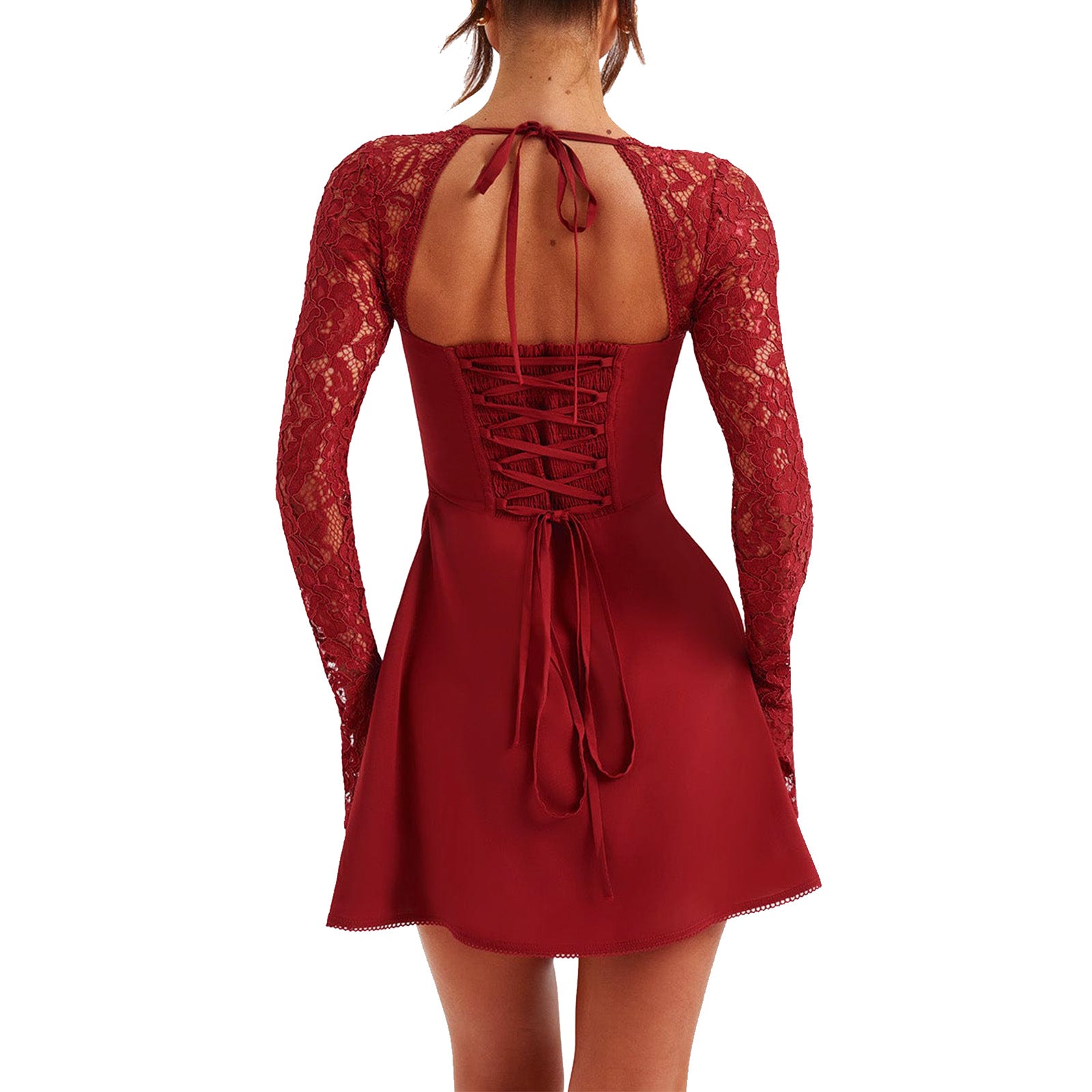 Lace Mini Dress - Long Sleeve Backless Party Dress