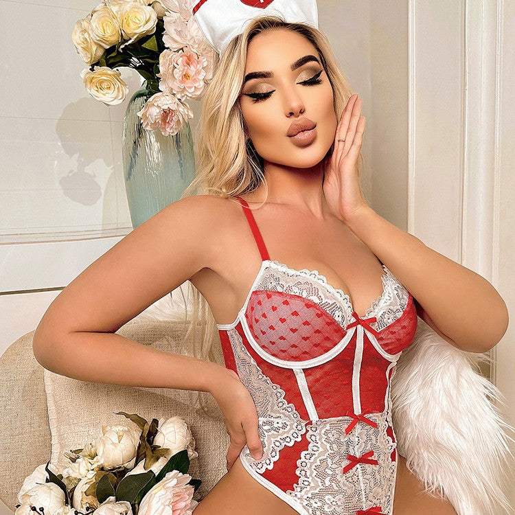 Red and white lace nurse bodysuit worn with white nurse hat