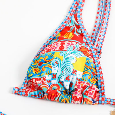 Colorful Floral Bikini Set - Triangle Top Chain Charm