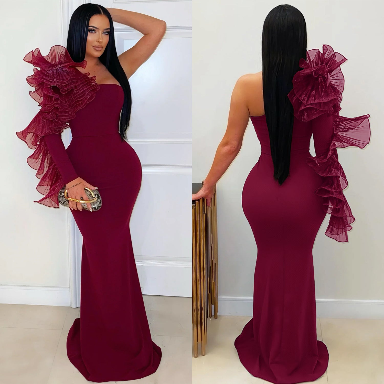 Single Ruffle Sleeve Fitted Dress - Elegant Fashion Gown