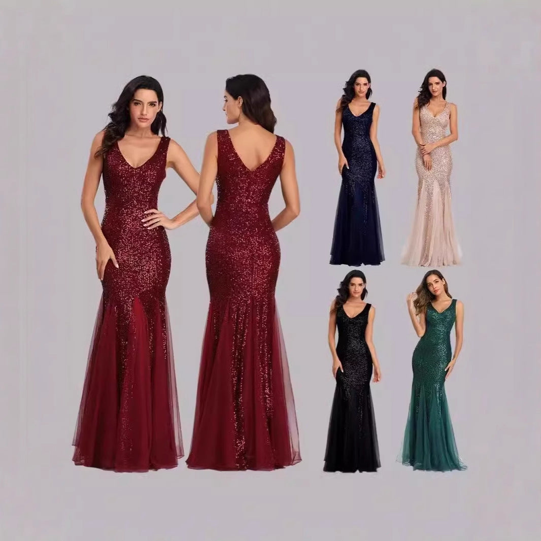 Sequin Mermaid Fishtail Evening Gown - Double V-Neck Tulle Hem