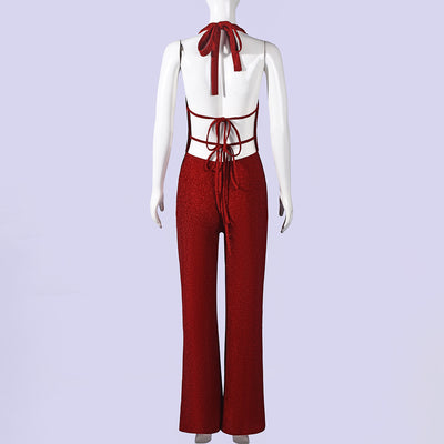 Red Halter Tie Backless Jumpsuit - Deep V Keyhole Wide Leg Flare