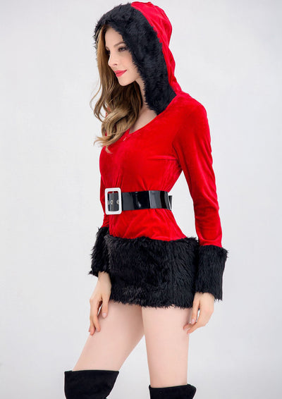 Mrs. Claus Velvet Costume - Hooded Mini Dress Belt