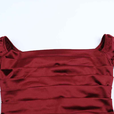 Satin Maxi Dress - Deep Red Off Shoulder High Slit