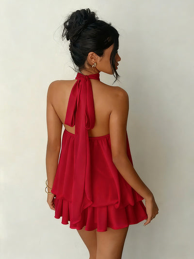 Backless Halter Neck Tiered Mini Dress - Chiffon Vacation Dress