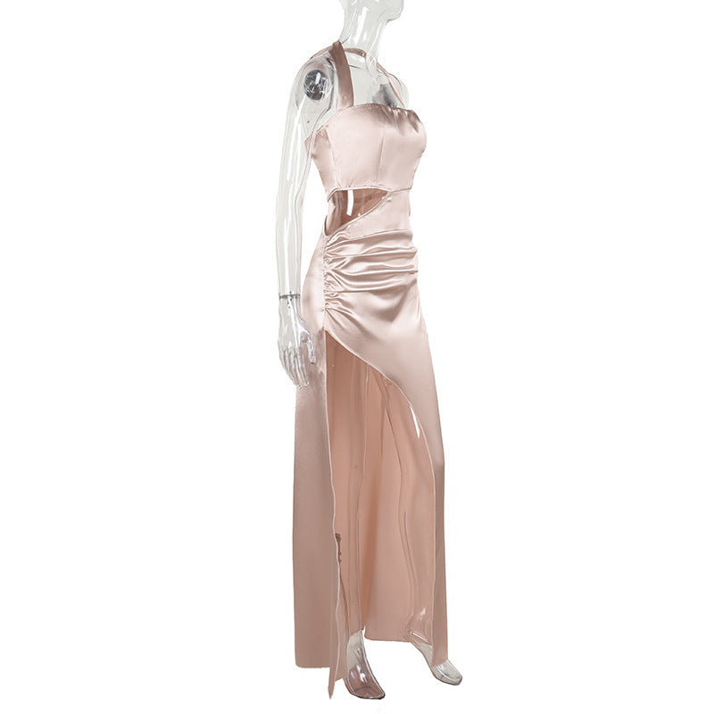 Champagne Satin Halter Maxi Dress - Cutout Waist Ruched Slit Mermaid Gown