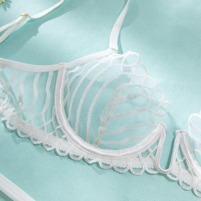Shell Embroidered Mesh Lingerie Set - Underwire Bra & Double-Strap Thong