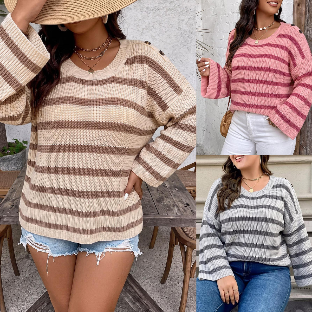 Striped pullover sweater shown in beige and pink, featuring wide bell sleeves