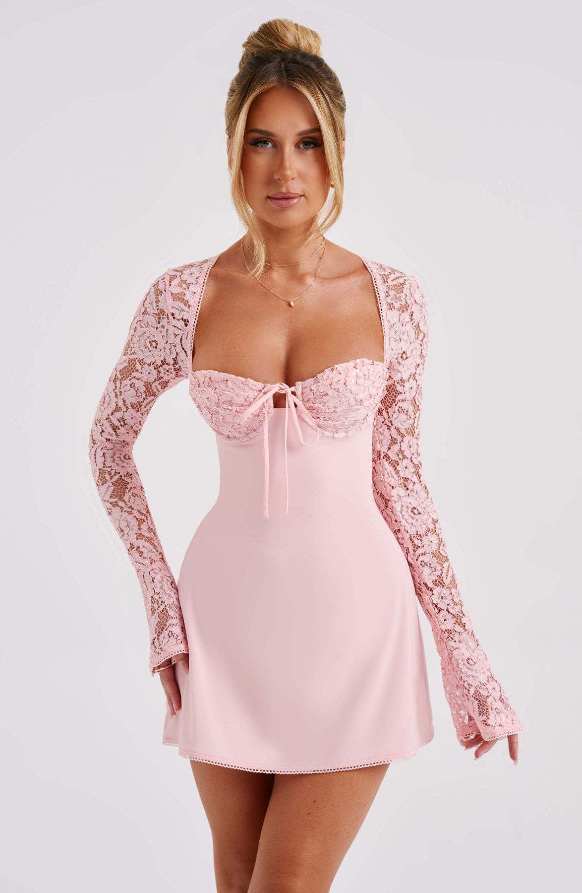 Lace Mini Dress - Long Sleeve Backless Party Dress