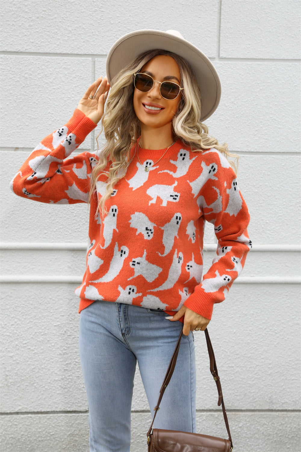 Halloween Ghost Sweater - Ribbed Crewneck Knit Pullover