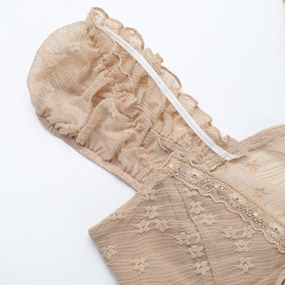 Khaki lace crop top sleeve and lace edging detail with tie strap
