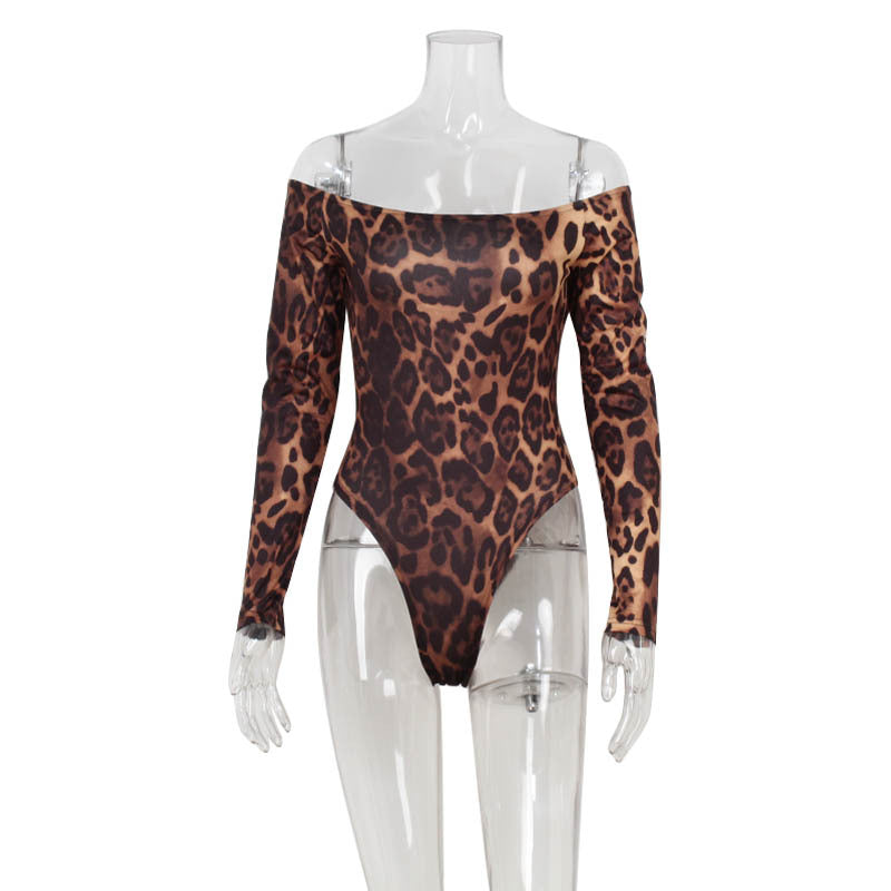 Leopard Print Off-Shoulder Bodysuit - Long Sleeve Thong Back