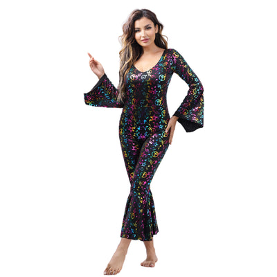 Halloween carnival disco note jumpsuit, black with multicolor icons, bell sleeves and flared legs