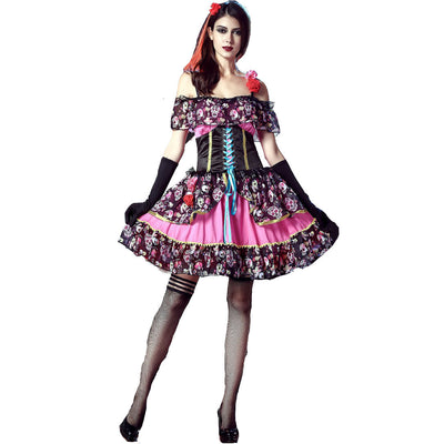 Halloween Sugar Skull Costume - Off-Shoulder Lace-Up Dress