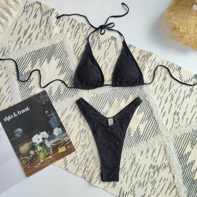 Lace Triangle Halter Bikini Set - Three Piece with Mini Skirt