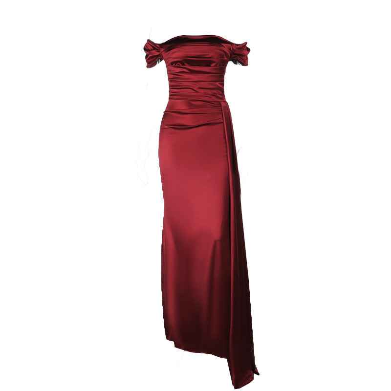 Satin Maxi Dress - Deep Red Off Shoulder High Slit
