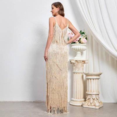 Apricot open-back evening gown, sleeveless V-neck with long fringe trim