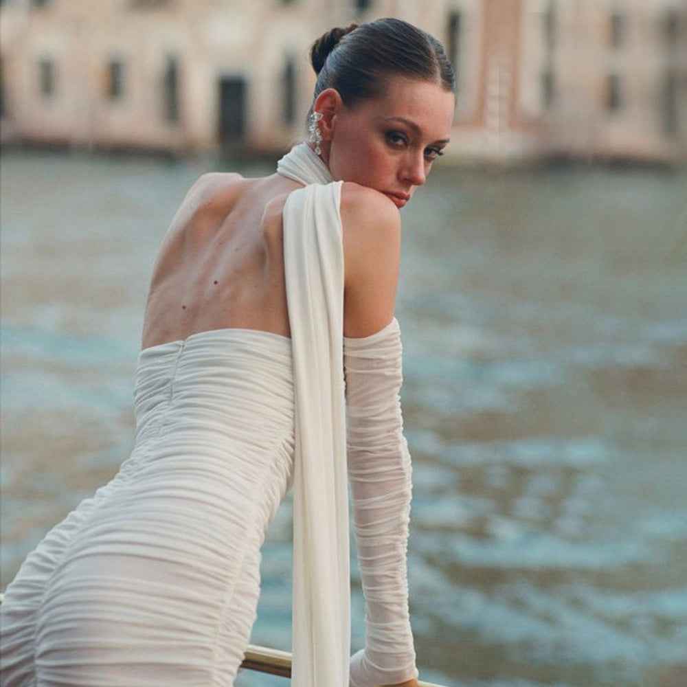 Sheer Mesh Backless Dress - White Halter Long Sleeve