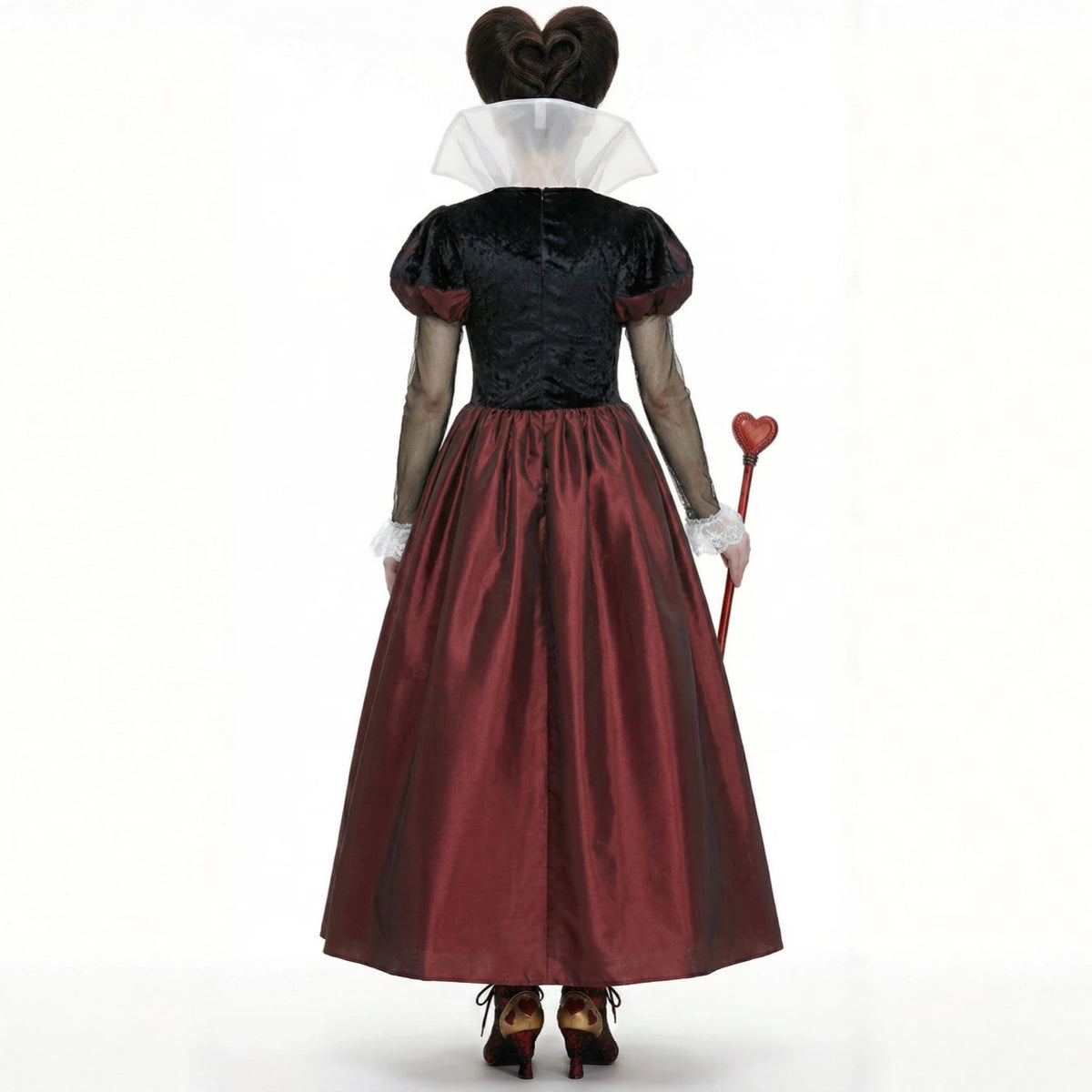 Back view Queen-style cosplay dress with black fitted bodice and burgundy satin skirt