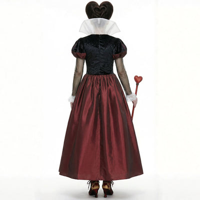 Back view Queen-style cosplay dress with black fitted bodice and burgundy satin skirt