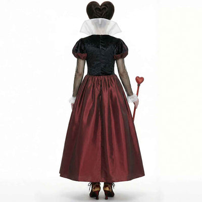 Back-view Halloween dress with heart-print skirt panel, black bodice and burgundy skirt
