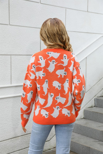 Halloween Ghost Sweater - Ribbed Crewneck Knit Pullover