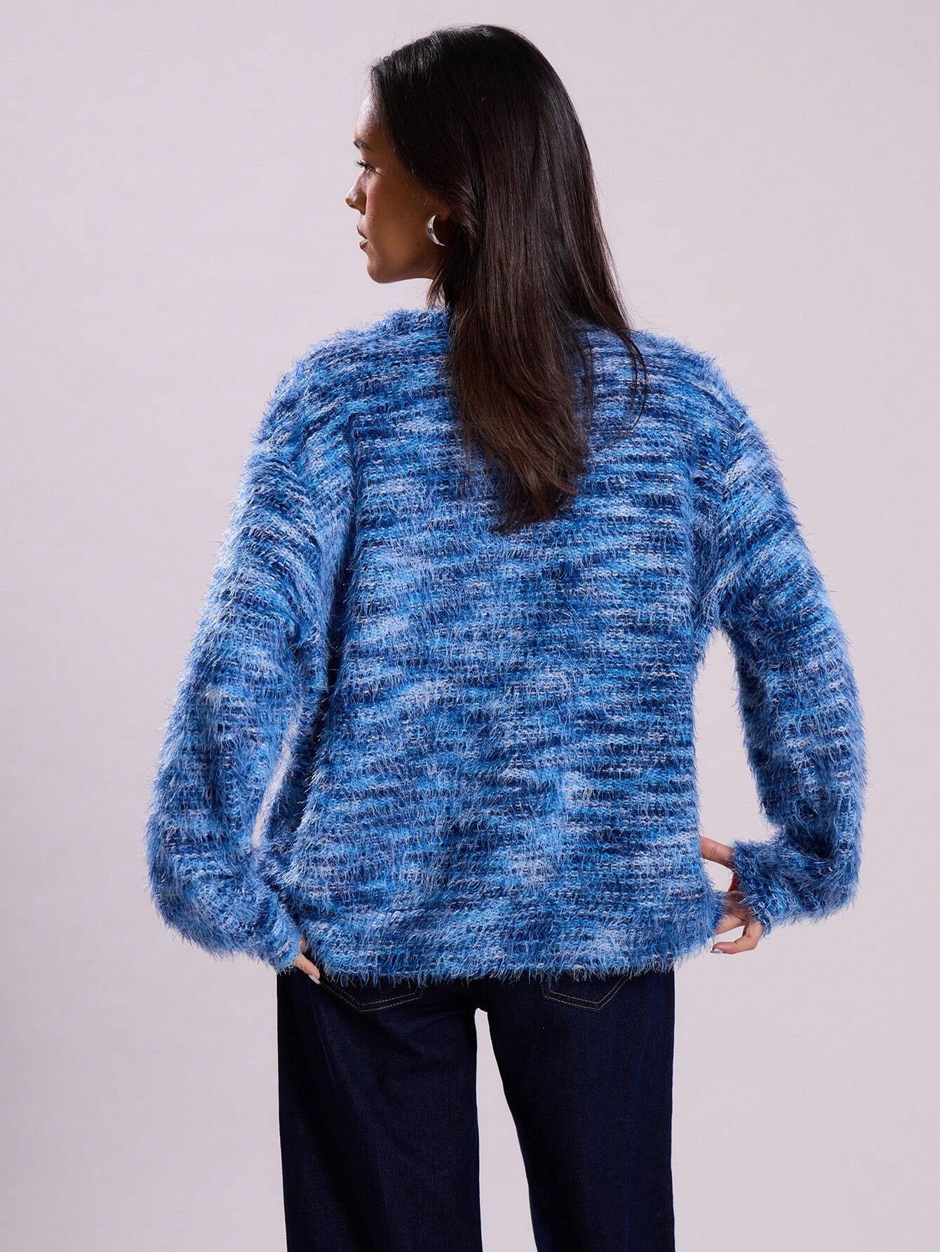 Melange Fleece Long Sleeve Cardigan - Vintage Deep V-Neck
