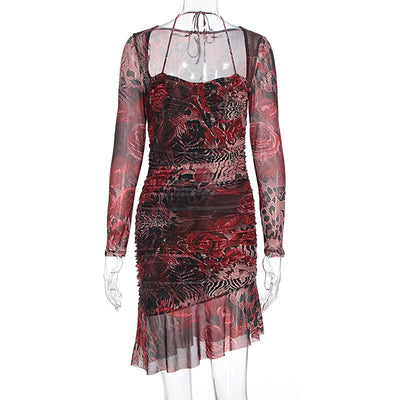 Mixed print mesh mini dress, ruched sweetheart bodice, long sheer sleeves and ruffle hem