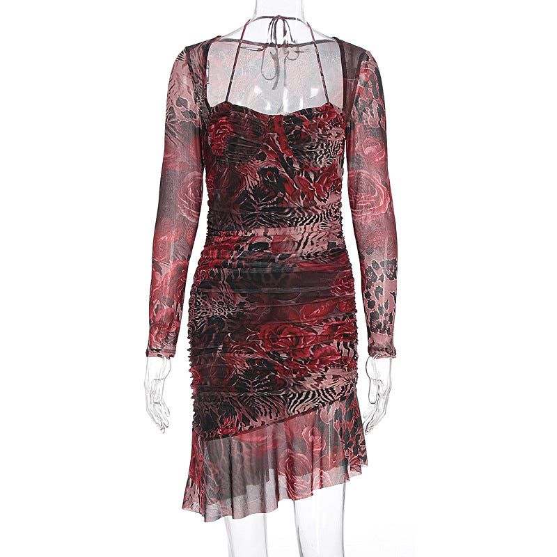 Mixed print mesh mini dress, ruched sweetheart bodice, long sheer sleeves and ruffle hem