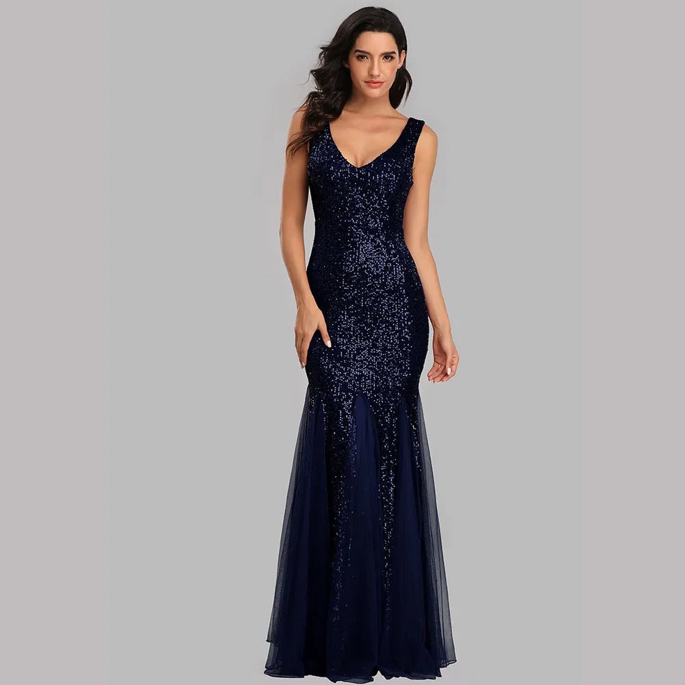 Sequin Mermaid Fishtail Evening Gown - Double V-Neck Tulle Hem