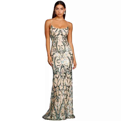 Green Sequin Maxi Dress - Emerald U-Neck Floor Length Gown