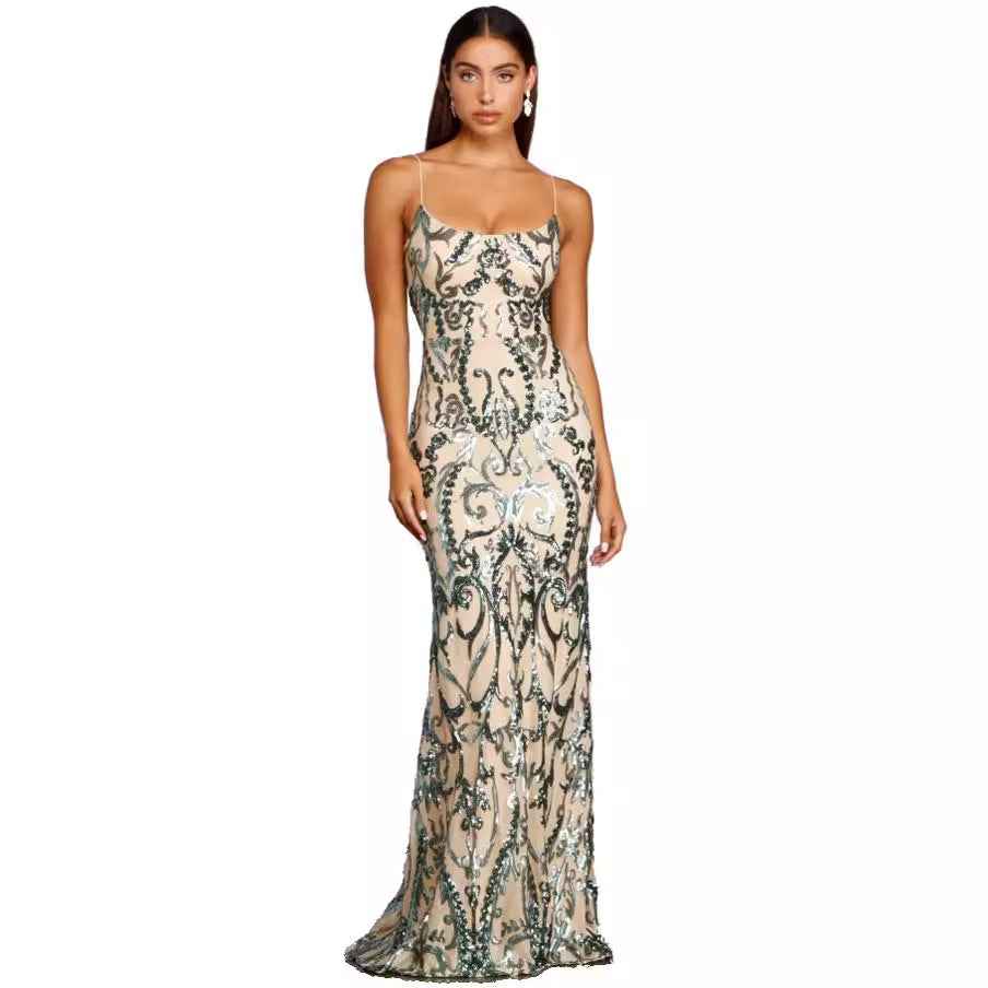 Green Sequin Maxi Dress - Emerald U-Neck Floor Length Gown